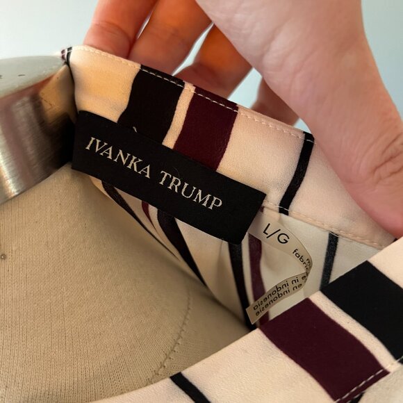 Ivanka Trump Sz L Striped Cream Burgundy hook closure Black Blouse Top POSH55 - Picture 13 of 15